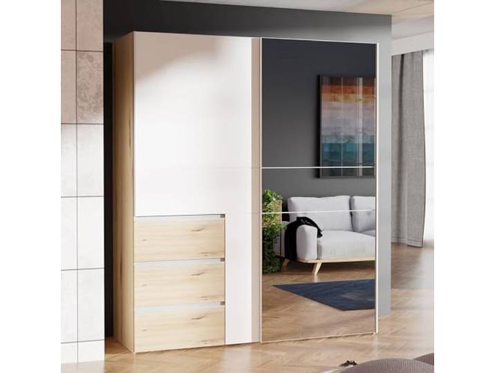 Forte Winn 2 Kleiderschrank 170, moderner Schwebetürenschrank, 2-türig, 3 Schubladen, Spiegel, Schlafzimmer, Artisan Eiche Holzdekor Weiß, 170,3 cm breit x 200,5 cm hoch x 61,2 cm tief