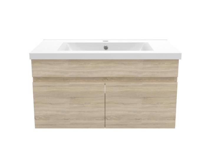 Meuble lave-mains à suspendre avec lavabo céramique - Chêne clair - 80cm