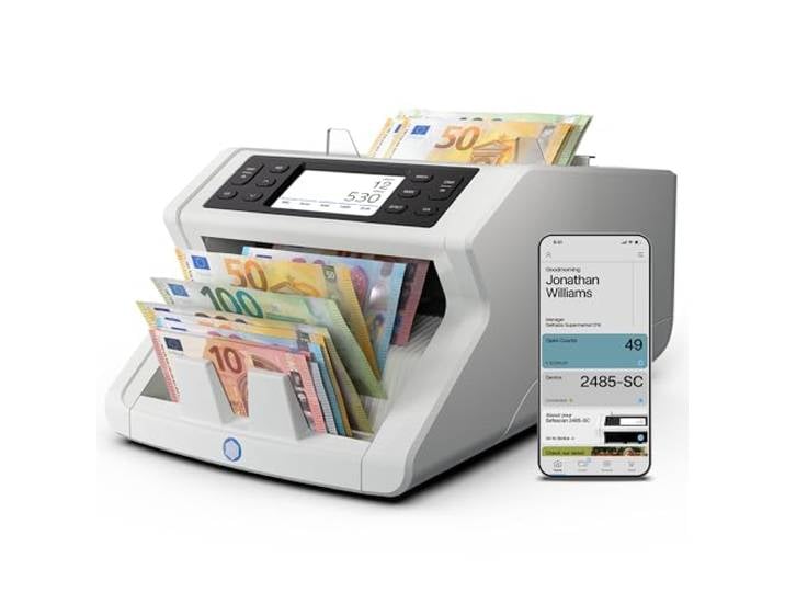 Safescan 2485-SC Compteuse de billets et détecteur de faux billets Détection sur 8 points - Machine à compter les billets - Compteur de billets compte la valeur les billets - App Safescan