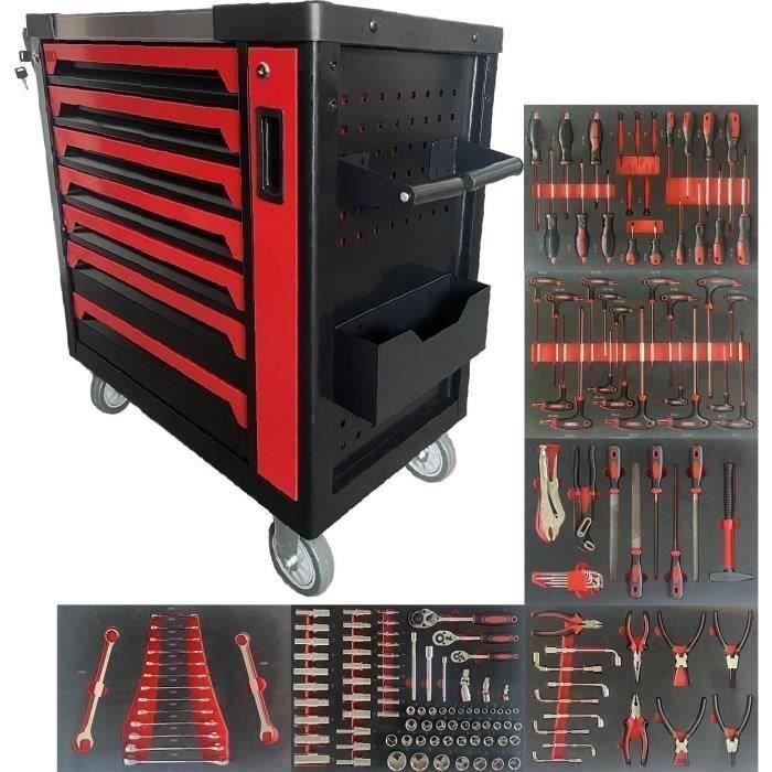 DEFPRO Werkstattwagen, 201-teilig, 7 Schubladen, Stahl, Rot