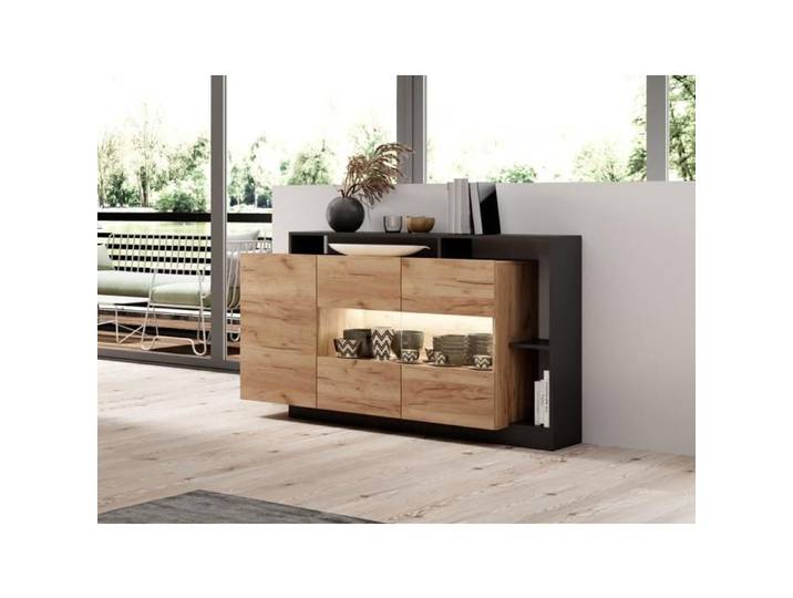 Buffet 3 portes et 3 niches avec LEDs - Coloris : Naturel et anthracite - IDESIA