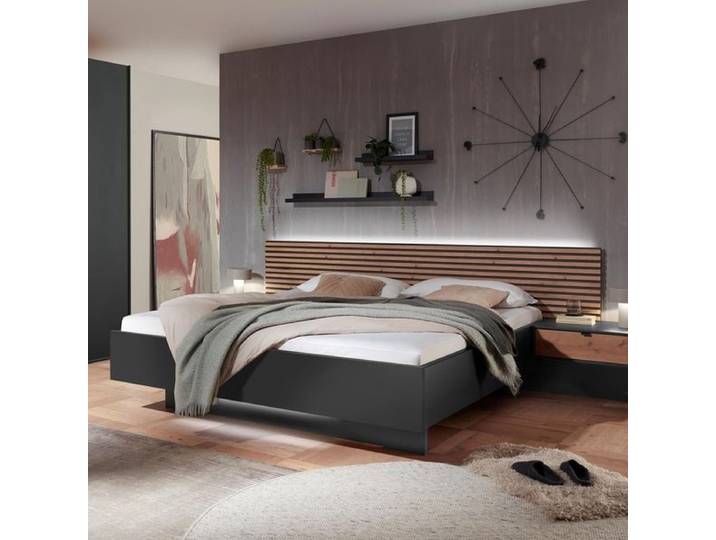 Bett Yamen Komfort 140x200 cm Dunkelgrau modern, Mit Beleuchtung höhenverstellbar