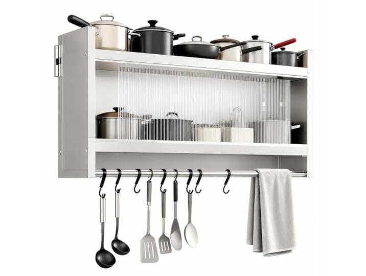 FQMYLTYN Wandhängendes Küchenregal mit Schiebetüren, Edelstahlschrank Multifunktionales Organizer-Regal mit Haken, Platzsparende Ablage für die Arbeitsplatte(100x25x46cm/39x10x18in)