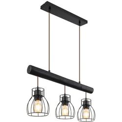 Pendelleuchte Hängelampe Vintage Holzstab Retro Holzleuchte Mit Gitterschirmen schwarz, Metall käfig, 3x E27 Fassungen, HxLxB 140x60x13,6cm