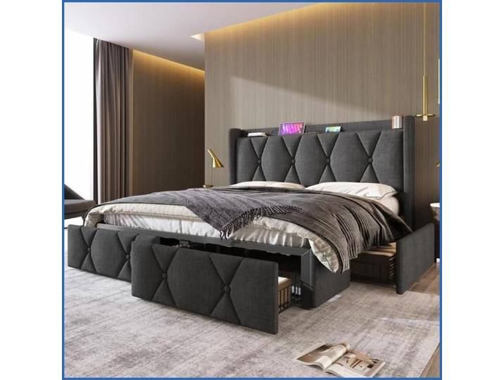 Bettgestell mit Stauraum - USB-Ladfunktion & 4 Schubladen - 140x200cm - Grau