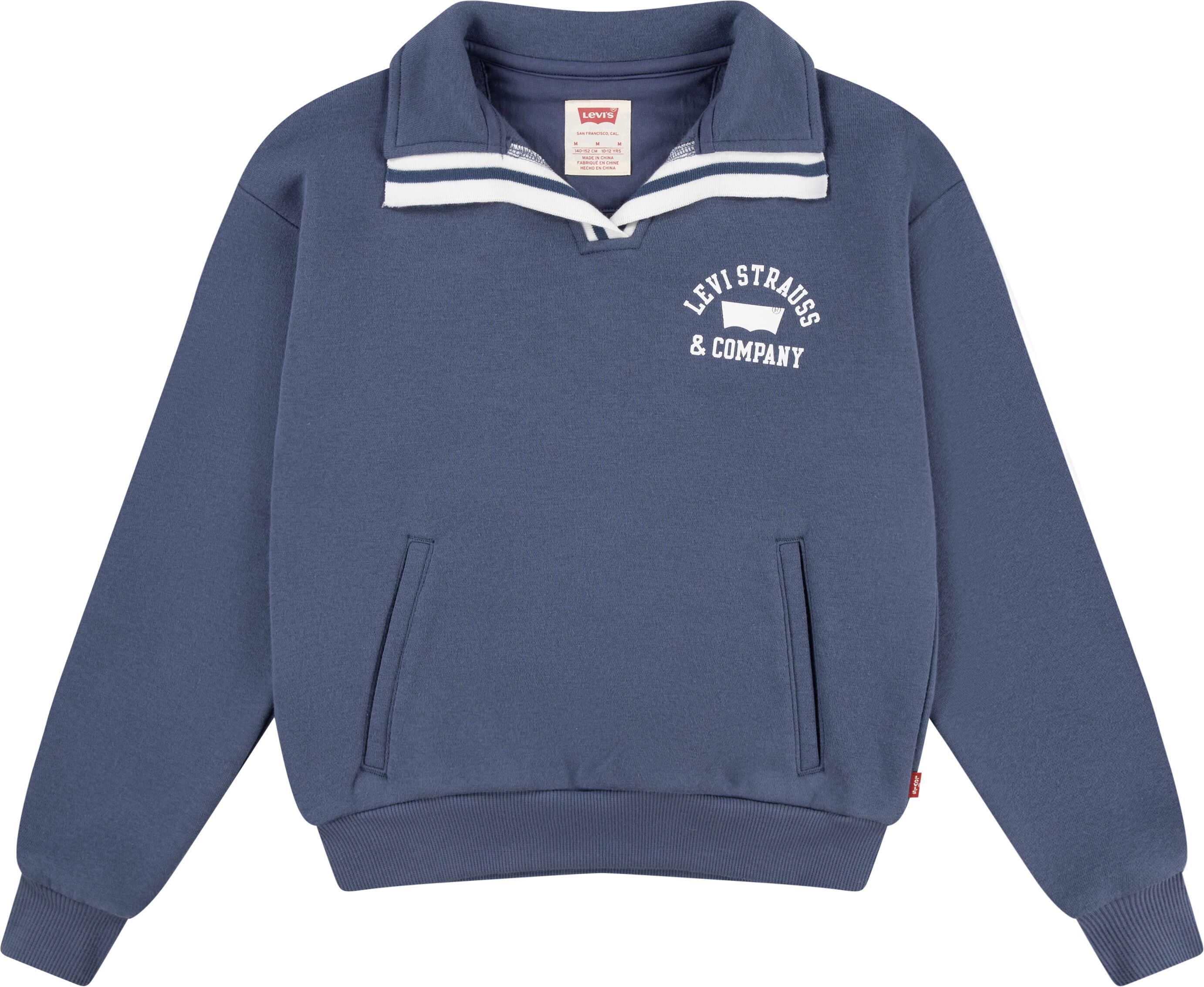 Sweatshirt LEVI'S KIDS "LVG COLLEGIATE LS COLLAR TOP", Mädchen, Gr. 14 (158), blau (vintage indigo), Sweatware, Obermaterial: 80% Baumwolle, 20% Polyester, bedruckt, Bündchen, Sweatshirts Sweatshirt, mit Umlegekragen und Taschen, for Girls vintage indigo 