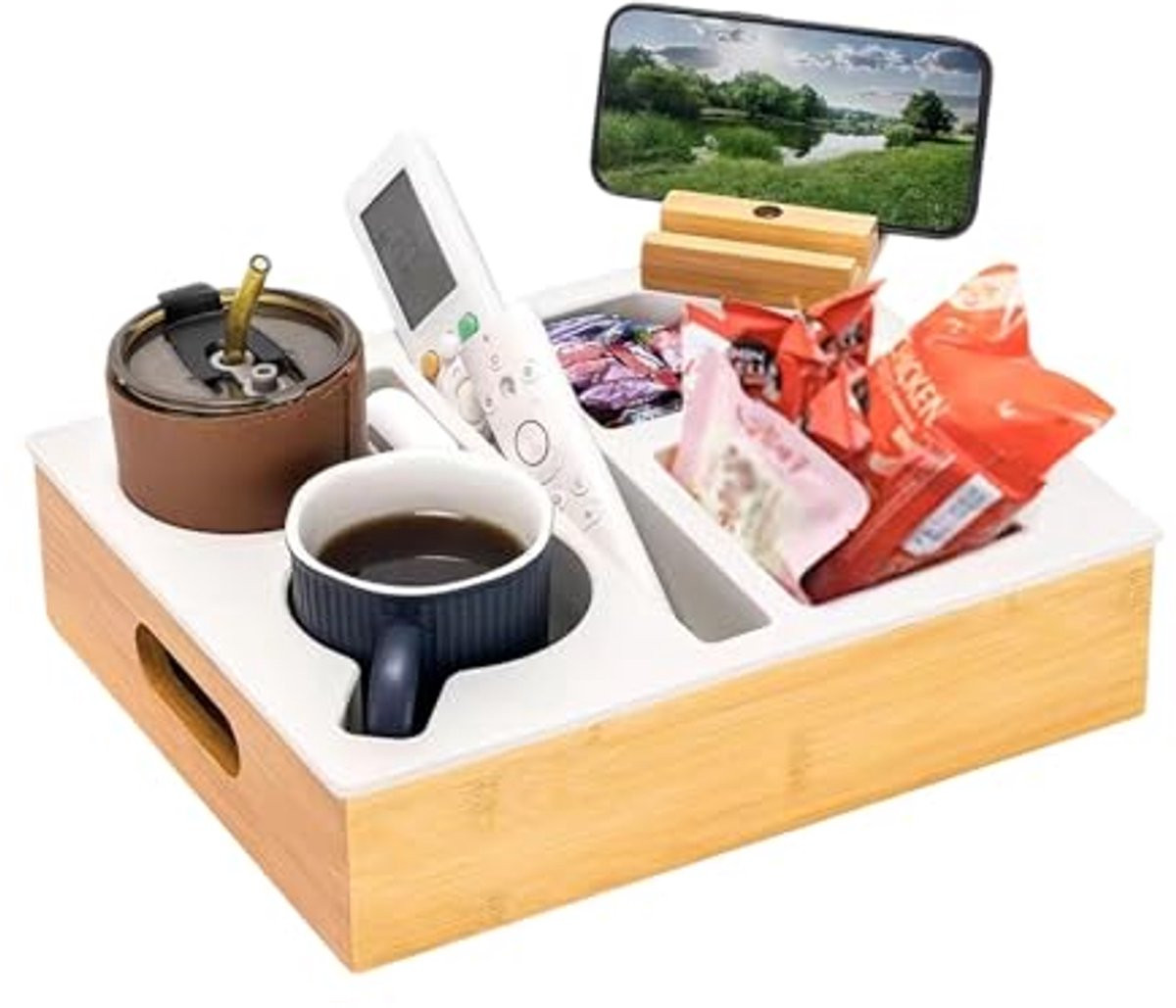Snackbox en Bekerhouder voor de Bank met Dienblad - Ideaal voor Woonkamer, Restaurant en Feest