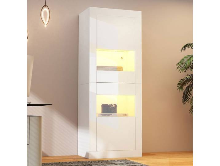 Buffet de salon Bahut blanc Vitrine haute avec éclairage LED 1 porte en verre Vitrine Vitrine indépendante Armoire haute
