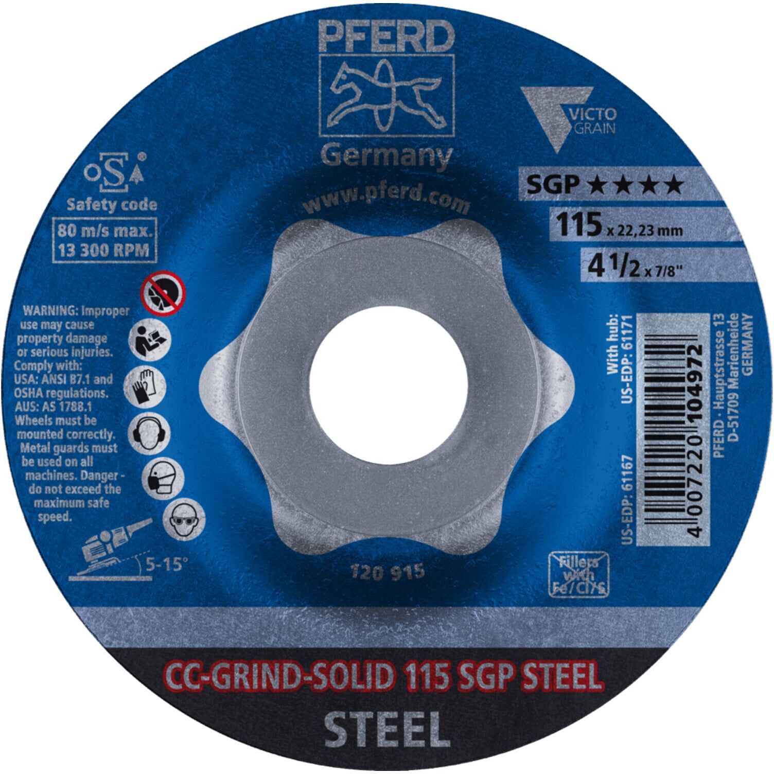 PFERD TOOLS CC-GRIND SOLID Schleifscheibe 115x22,23 mm COARSE Speziallinie SGP STEEL für Stahl (64187116)