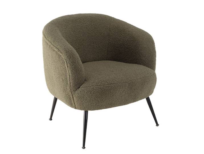 Fauteuil cosy tissu bouclette vert kaki pieds métal noir