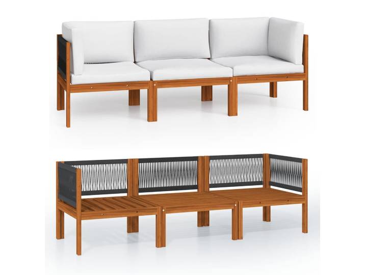 vidaXL Loungegarnitur mit Auflagen und Seilrückenlehnen, aus Massives Akazienholz, in Cremeweiß, 3-teiliges Set, Holz, rechteckig, Gartenmöbel, Gartengarnituren, Gartenmöbel-Sets