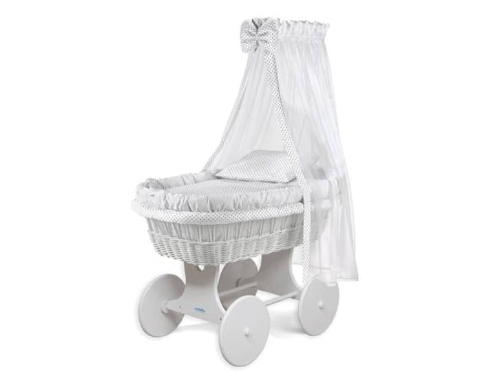 waldin Stubenwagen XXL Baby Komplett aus Weide Zertifiziert EN 1130 Großer Babywagen XXL mit Weidenkorb Handgemacht Himmel Matratze Bettwäsche Holzgestell Lackiert Leise Räder