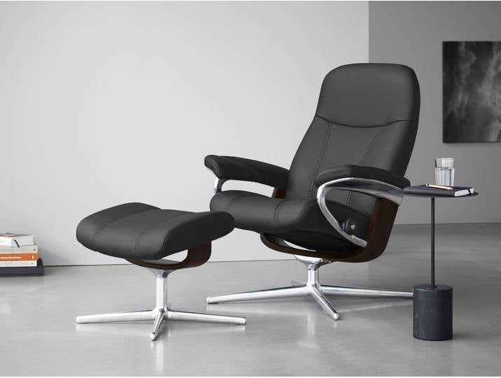 Relaxsessel, Leder PALOMA, Grau (Rock Paloma), 82×102×72 cm, Mit Hocker & Cross Base, Klassisch/Modern, Stressless