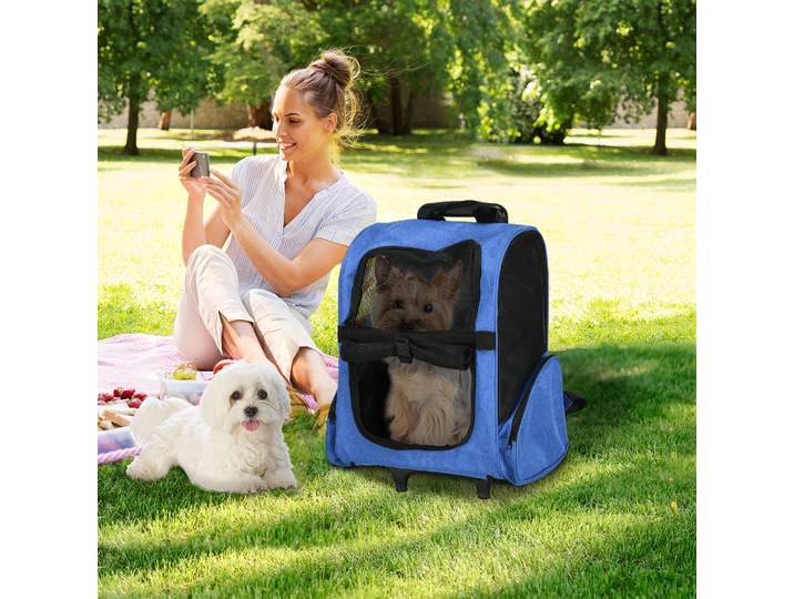 PawHut Sac Transport Chien 2-en-1 Trolley Roulettes Bleu