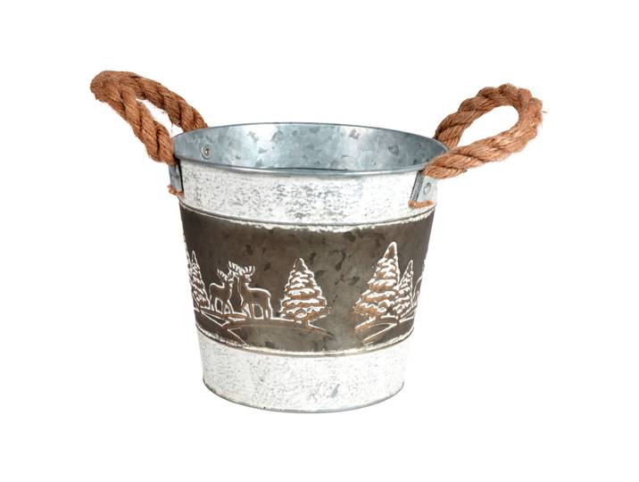 Eimer mit Tragegriffen, Pflanztopf aus Zink im Winterdesign, 21 x 18 cm