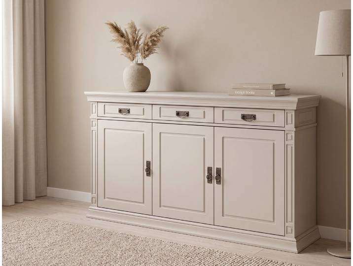 Sideboard GOODPRODUCT Vinales, kommode 3 Schubläden, 3 Türen, 2 Einlegeböden , beige (kaschmir, beige), B:158cm H:83cm T:39cm, FSC-zertifiziertes Massivholz, Sideboards, Sideboard, aus Massivholz, Breite 158 cm, im Landhausstil