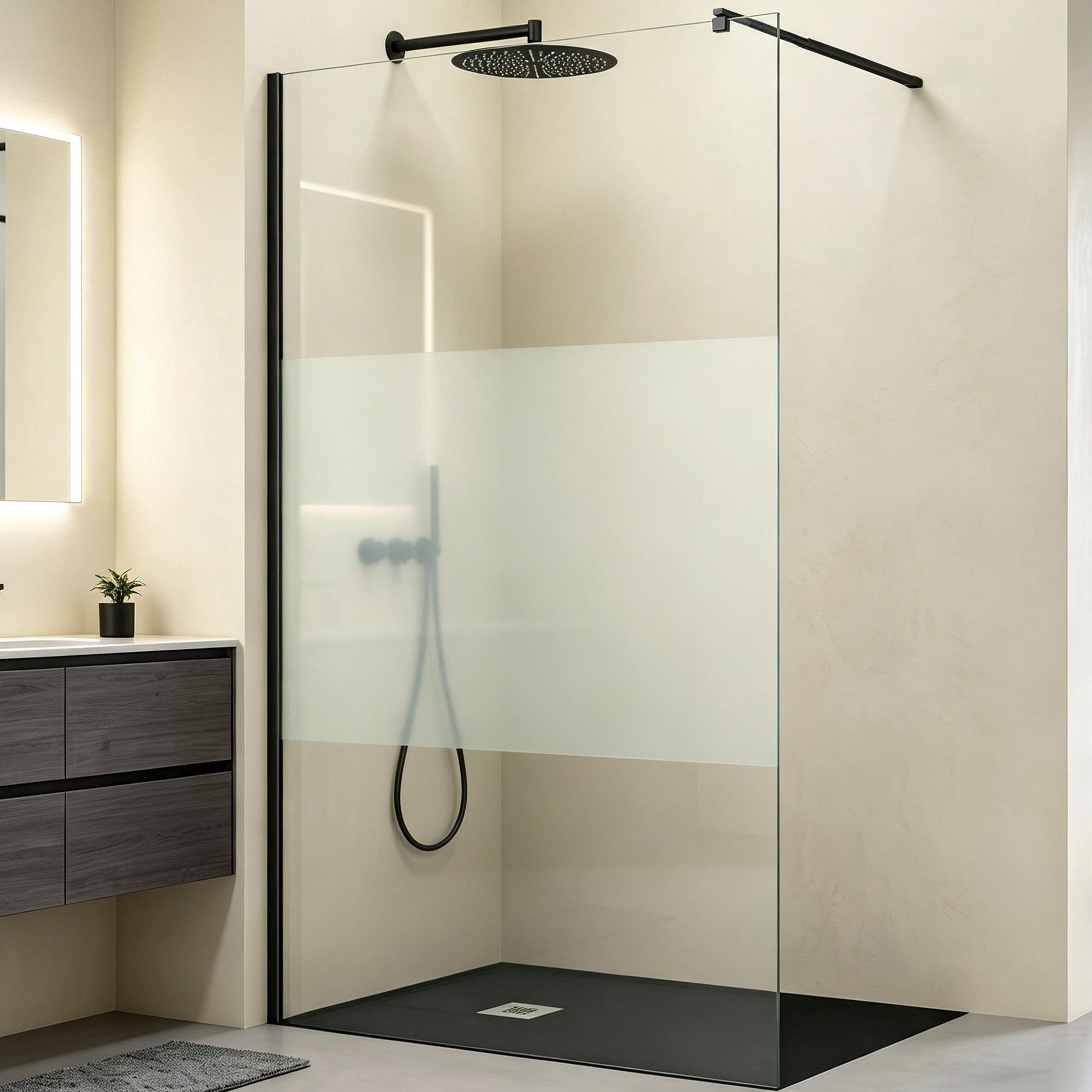 Mai & Mai Duschwand Walk-In Dusche mit 2 rechteckigem Haltestangen Duschabtrennung 160x200cm Teilsatiniert 8mm ESG mit Nano-Beschichtung Bremen Wandprofil schwarz