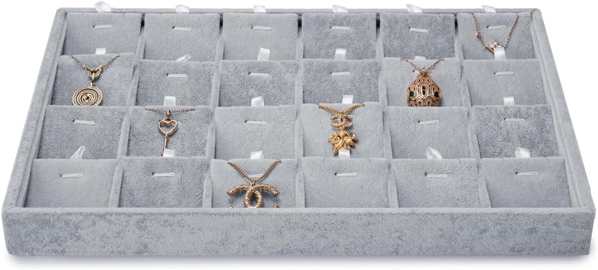 Grijs fluwelen stapelbare sieradenorganizer met 24 vakken voor kettingen en sieraden
