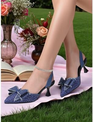 LightInthebox Women's Rhinestone Bow Slingback Heels - Sparkly Pointed Toe Party Shoes for Nightlife, Clubs and Cocktail Events