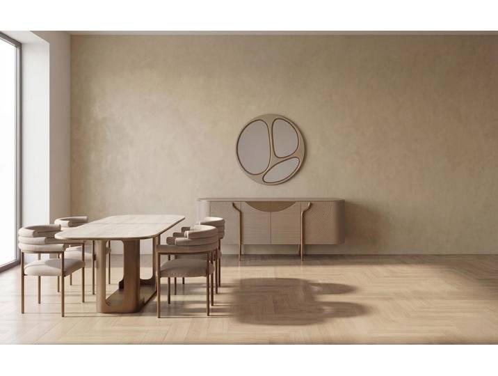 JVmoebel Essgruppe Beiges Esszimmer-Set: Esstisch, Stühle, Sideboard, Spiegel, (7-tlg), Made in Europa