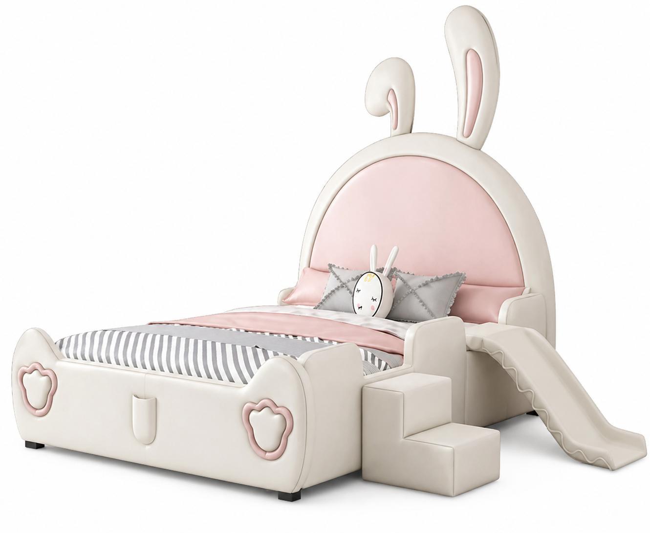 Hellrosa Kinderbett mit Rutsche und Treppe Häschen für Mädchen
