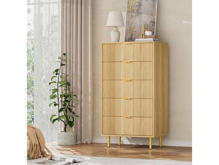 Litake Kommode für Schlafzimmer, 60cm Breite 5 Schubladen Aufbewahrung Kommode mit Vintage Metallgriffe, Tiefe Kommode für Schlafzimmer, Wohnzimmer, Flur oder Eingang(Eiche, 60x40x112cm)