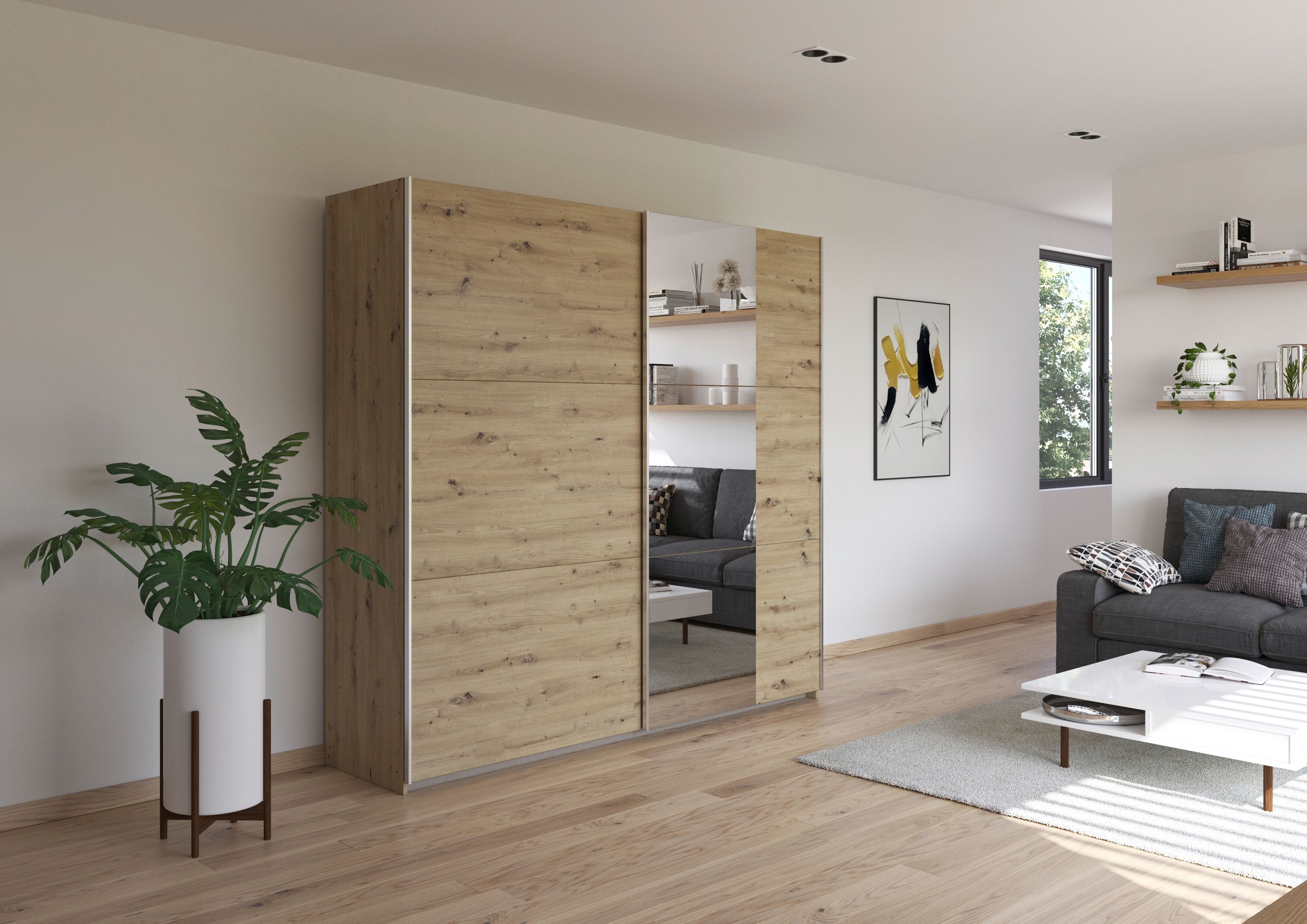 Schwebetürenschrank RAUCH "Kleiderschrank Drehtürenschrank Schrank Garderobe KRONACH", braun (eiche artisan, griffleisten alu, 1 spiegel), B:218cm H:210cm T:59cm, Holzwerkstoff, Schränke, Schwebetürenschrank, optional ohne, mit 1 oder 2 Spiegel, viel Stau