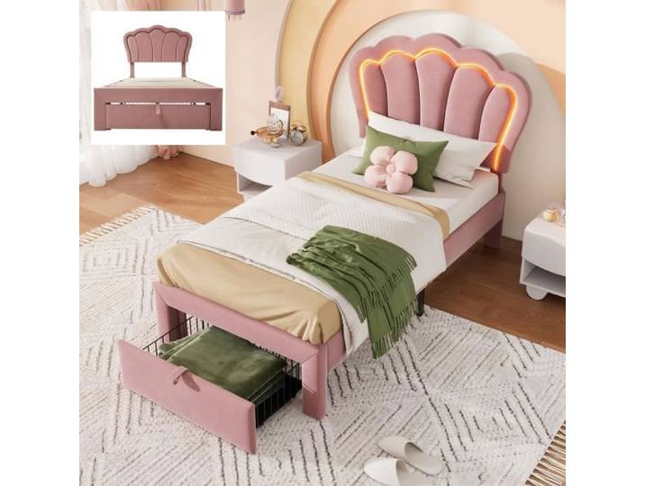 Lit Coffre Enfant - JAERLIUB - 90x190cm - LED Réglable - Tête de Lit Velours - Bois Massif