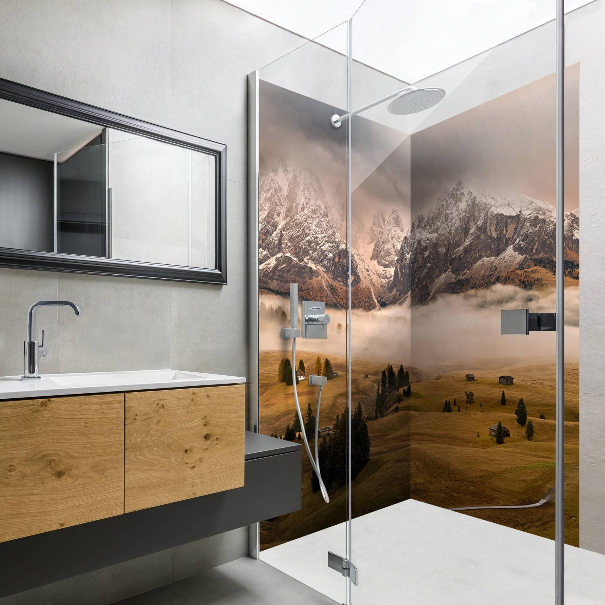 Duschrückwand Natur selbstklebend - 0.61 mm Wandpaneel wasserfest Berg braun Motiv Badrückwand fugenlos Premium matt 100x210 cm