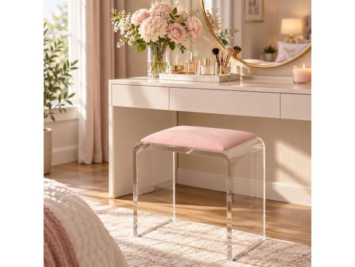Transparenter Acryl Schminkhocker, Gepolsterter Sitz, Modernes Design Klare Acrylstruktur mit weichem Sitz für Schminktisch, Schlafzimmer, Bad und Ankleidezimmer(C)