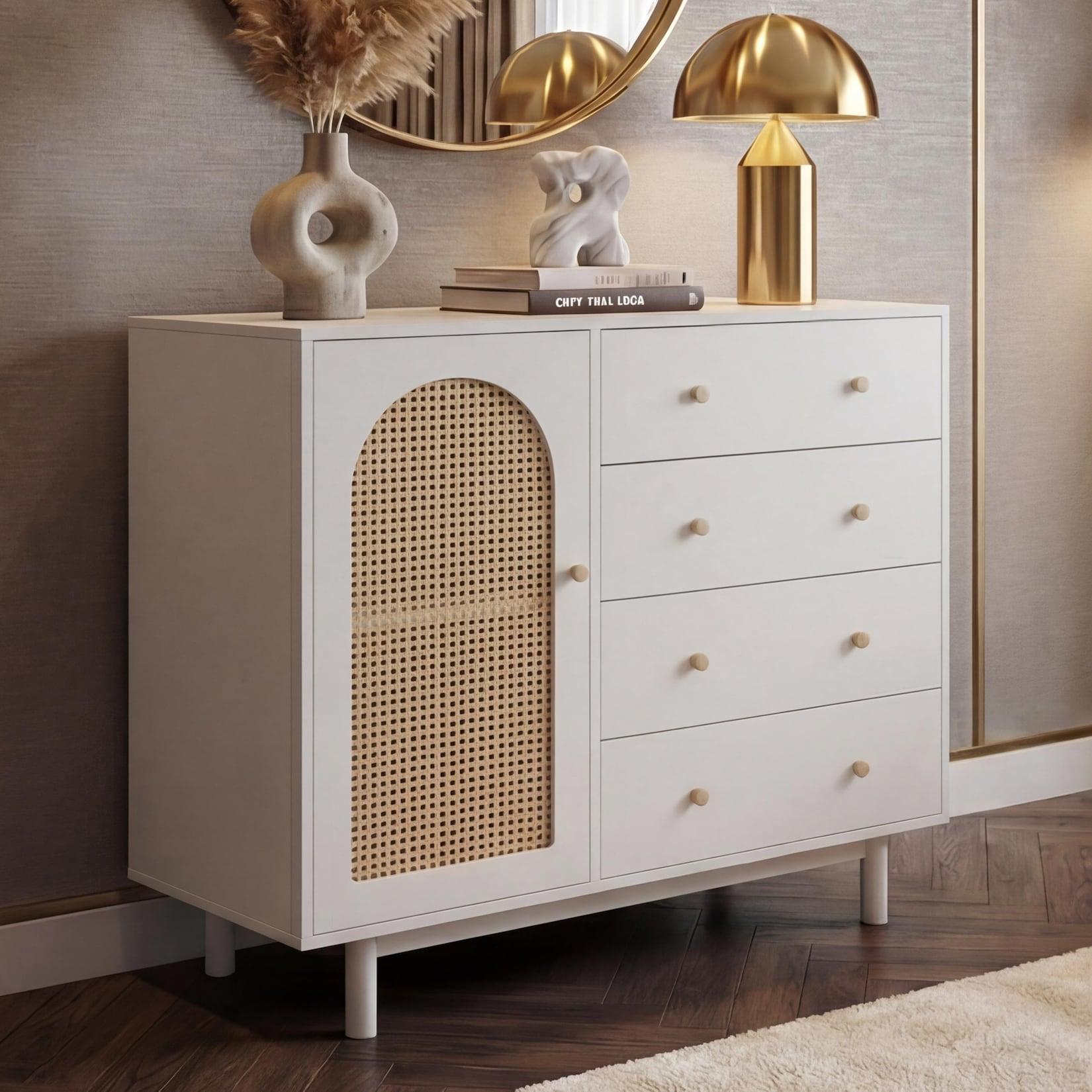 Kommode MCW-P52, Schrank Sideboard Highboard, Schubladen Staufächer, Poly-Rattan MDF Melamin 95x100x40cm ~ weiß