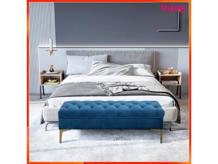 Banquette bout de lit - AKOZON - 8034 - capitonnée - velours bleu - piètement métal doré