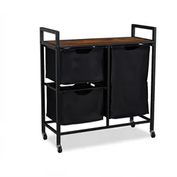 Relaxdays Wäschekorbregal, 3 ausziehbare Fächer, rollbare Wäscheablage, Wäschesammler, Industrial Design, schwarz/braun