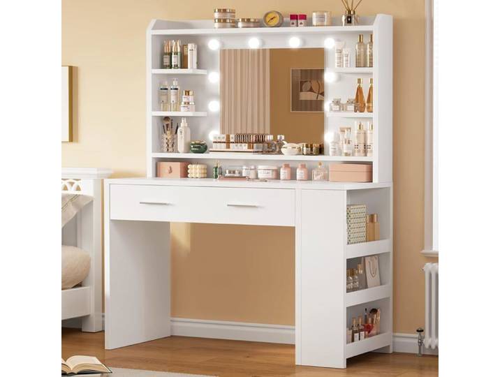 TEENFON Coiffeuse avec Miroir Blanc 4 étagères ouvertes 3 tiroirs et 2 armoires