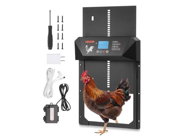 VEVOR Porte Poulailler Automatique\, Alimentation par Piles et CC\, Écran LCD\, Capteur de Lumière\, Minuterie\, Réglage Manuel\, Système Anti-pincement\, Alliage d'Aluminium\, Ouvre-porte Poulailler de Ferme