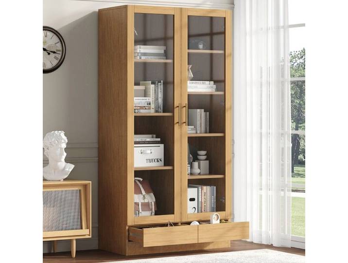 Vitrine armoire bibliothèque 80x40x160 cm étagères décalées tiroirs sans poignées ouverture par pression couleur bois rangement
