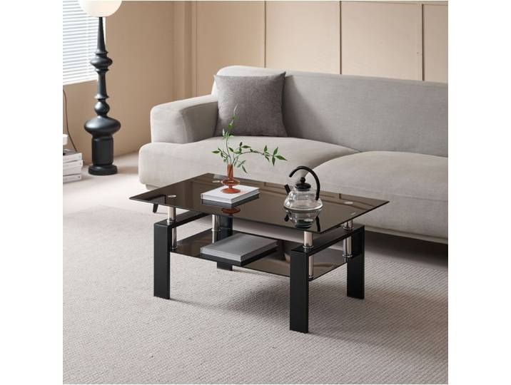 ELVORIN Table basse rectangulaire 100 x 60 x 44 cm verre trempé noir métal