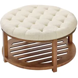 VEVOR runder großer Couchtisch (810 x 810 x 476 mm) mit Ablagefläche aus Massivholz, massiv gepolsterte Ottomane mit Fußstütze aus Leinen für Schlafzimmer Wohnzimmer, 158,76 kg, Leinenfarbe