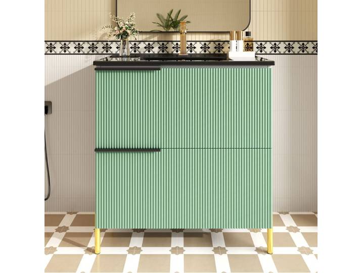 Meuble lavabo sur pied - HIBA - Simple - Façades vertes 3D - Lavabo céramique - Caisson MDF mélaminé