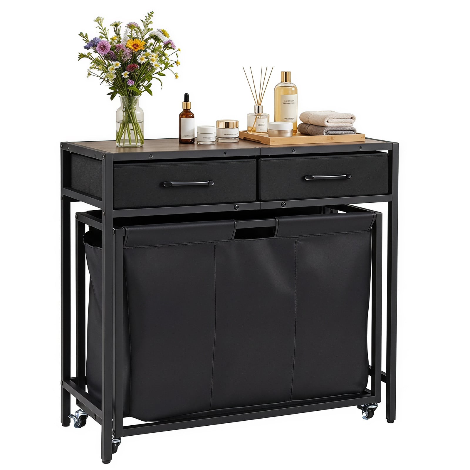 Costway Wasmand 2 in 1 Console Tafel met 3 Vakken, Bruin
