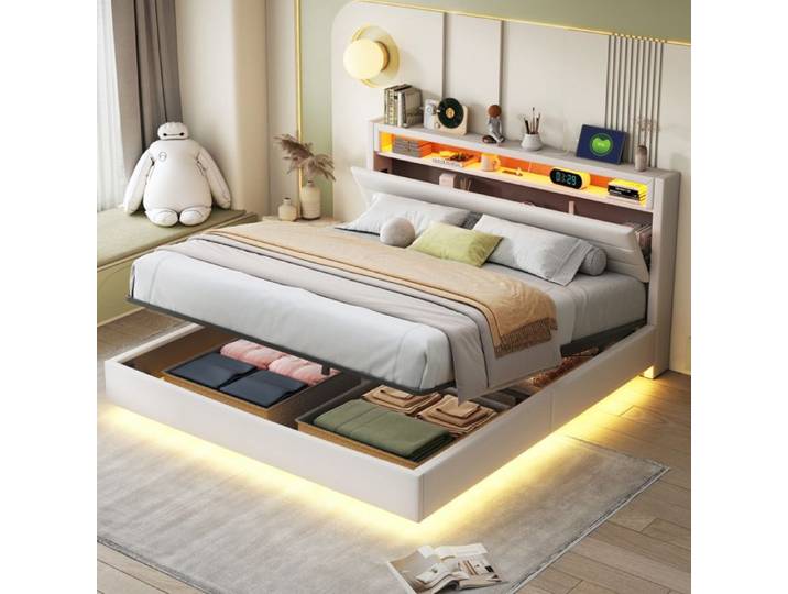 HOMVRA Lit Coffre Lit Double LED 160x200 Cm Tête De Lit Réversible Prise USB Lin Beige