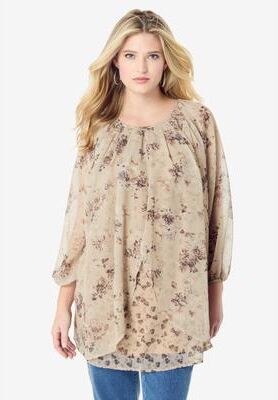 Plus Size Women's Blouson Sleeve Overlay Blouse by Roaman's in New Khaki Garden (Size 24 W)