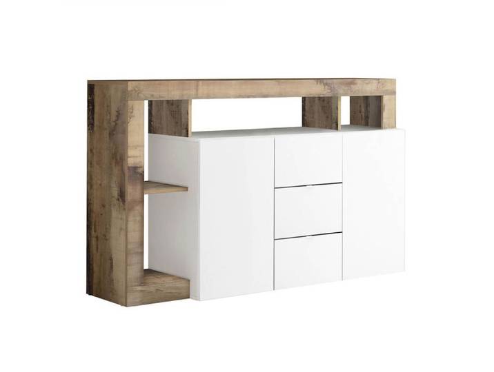 ARTURO - Buffet 2 Portes 3 Tiroirs Blanc Laqué Encadrement Niches Aspect Bois Antik