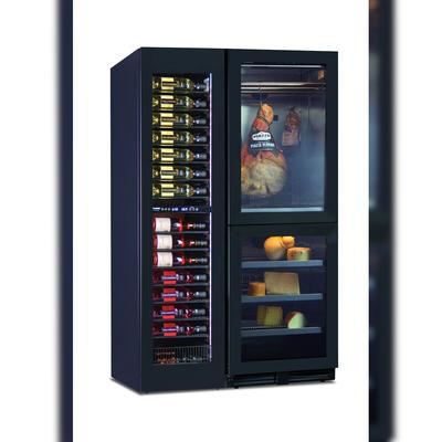 KLIMAITALIA Kombinierter Kühler 4 Zonen Wein, gepökeltes Fleisch & Käse. 105 Flaschen. Bars & Haken gepökelte Fleischsorten. LED-Beleuchtung. Dim. (Lx