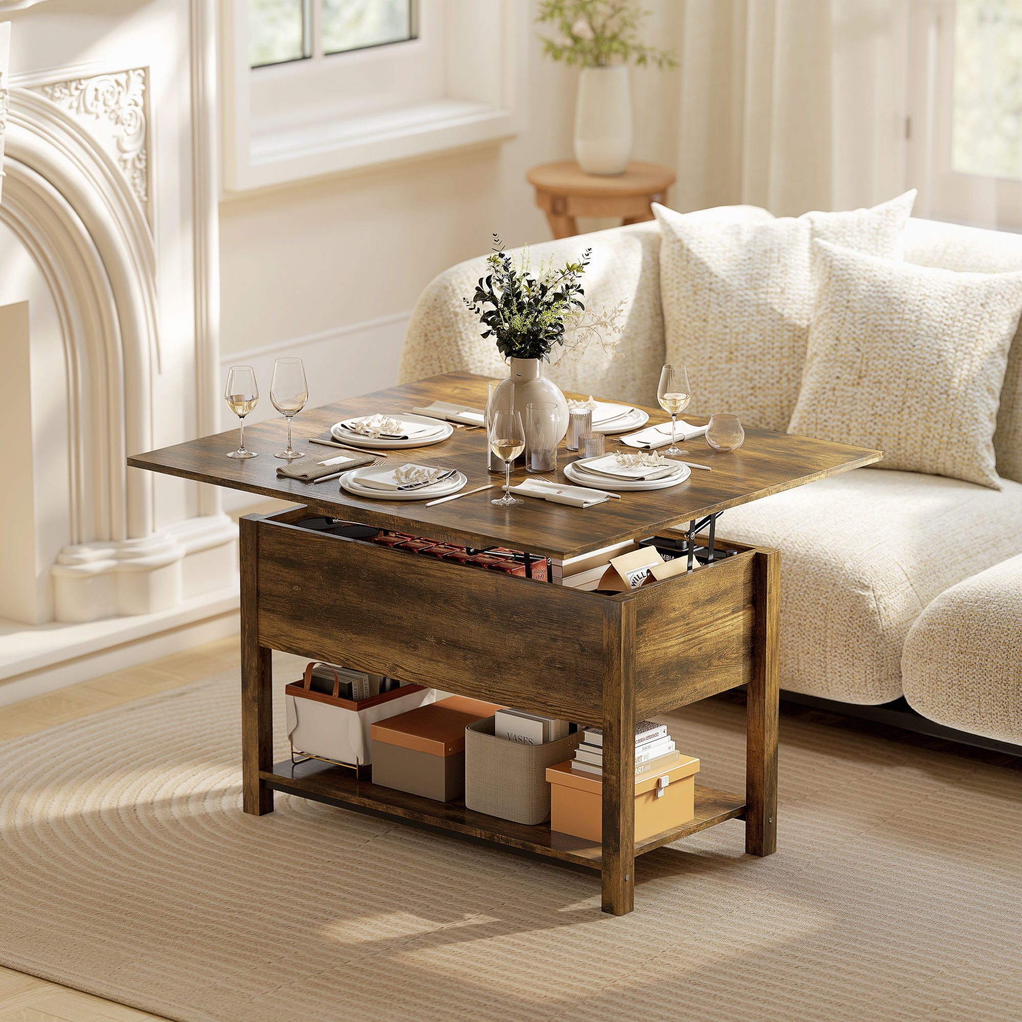 Homcom Tavolo da salotto sollevabile ed estensibile con scomparto nascosto e ripiano aperto, 100x45x50,5 cm, marrone rustico   Aosom Italy