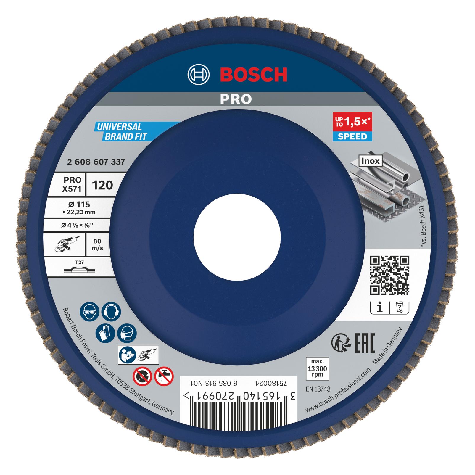 Bosch Professional Zubehör PRO X571 Fächerschleifscheibe, 115 mm, G120 (120) (2608607337)