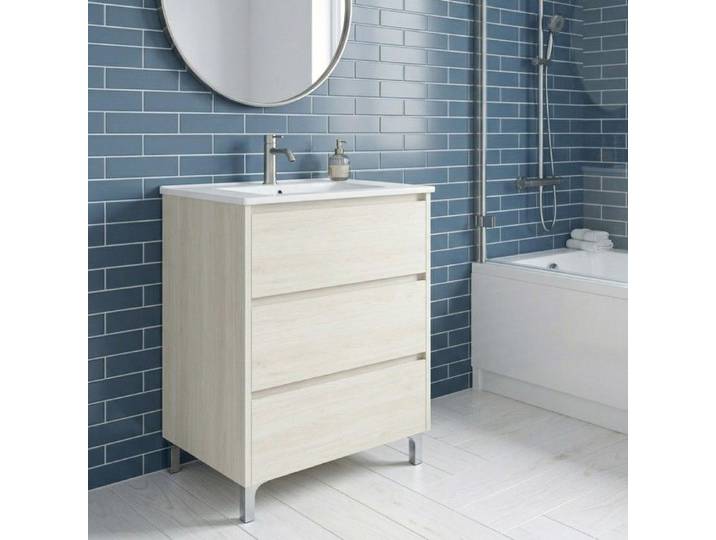 Meuble vasque L.60cm sur pied 3 tiroirs Chêne blanchi LISBONA - sans colonne