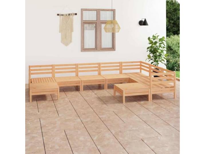 Bois de pin massif design palette rustique 9 pieces Brun 62.63 Salon de jardin 9 pieces Bois de pin massif Ensemble modulable canape exterieur avec repose-pieds pour terrasse, patio et