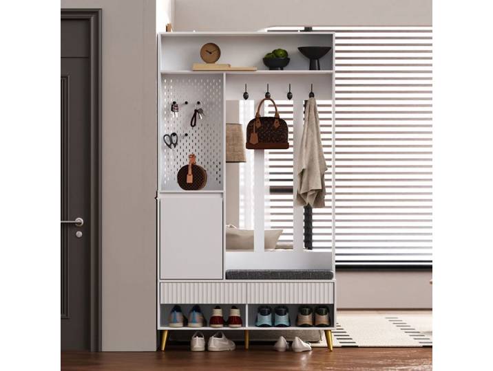 Porte-Manteau Meuble dEntre Vestiaire Portant Avec banc chaussures Crochets Blanc-MDF