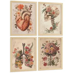 POSTER Set aus 4 Vintage Anatomie Drucke und Wandbilder mit Blumen Herz Lungen Schädel und Gehirn Wanddekoration Größe Leichter Holzrahmen A3